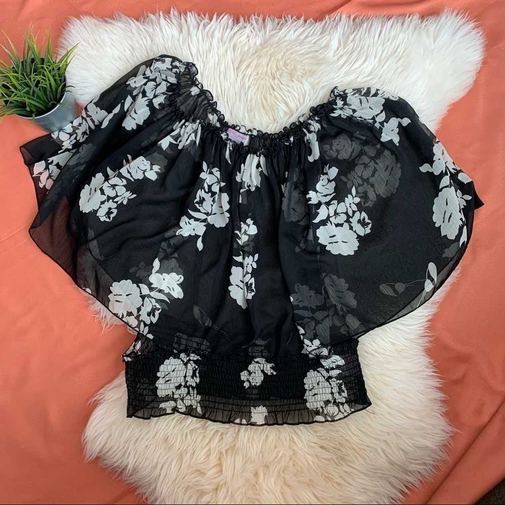 BLACK FLORAL MESH WOMEN TOP SIZE L